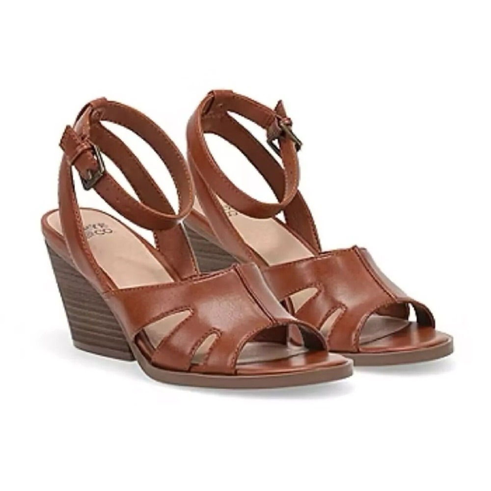 Frye and Co. Women's Brown Gelsey Heeled Open Toe Sandals Size 6 Vegan Leather